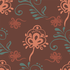 Fototapeta na wymiar Vector seamless pattern with stylised floral ornament on brown background. Motif floral .Abstract illustration for fashion, textile, fabric, wallpaper design. Vintage. Copper, brown, green colors
