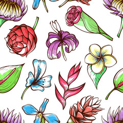 Tropical flowers hand drawn vector color seamless pattern