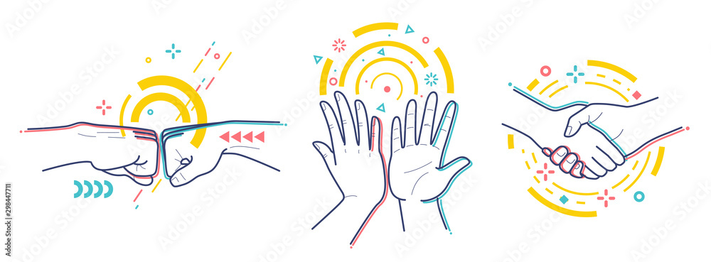 Wall mural gestures expressing successful activity. isolated on white background. flat / line style with colorf