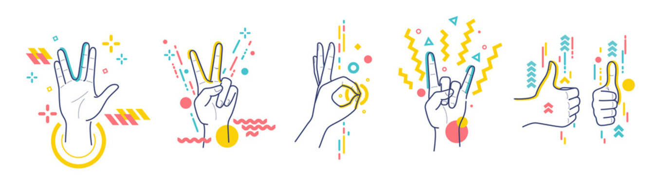 Gestures showing positive emotions: victory, recommendations, rock, greeting, approx. Flat / line style with colorful small geometric particles and dots. Set elements.