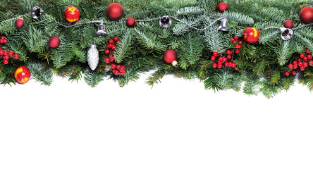 Christmas decorative background border with red bauble decorations and holly berries