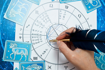 astrologer fortune teller with quill pen, horoscope, zodiac like astrology concept 