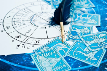 quill pen in form ob blue feather lying on horoscope and zodiac signs like astrology concept