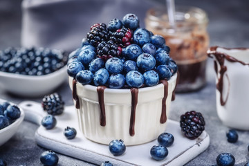 Chocolate mug cake with blueberries and blackberries in a white ceramic mug on dark background