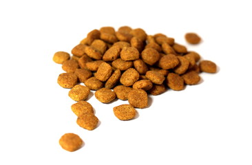 Cat food. Brown dry food. Square pieces.