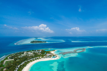 Aerial view of beautiful island at Maldives in the Indian Ocean. Top view from drone.