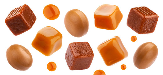 Caramel candies isolated on white background, collection