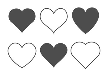 Hearts icon set. Outline love vector signs isolated on a background. Gray black graphic shape line art for romantic wedding  or valentine gift.