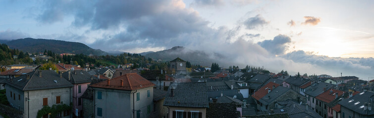 Panoramic aerial view of Berceto during sunset, village in the italian Apennines