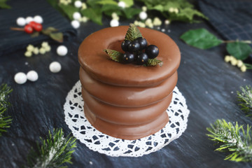 Traditional German layered winter cake called 'Baumkuchen' glazed with chocolate, decorated with berries and surrounded by seasonal decoration