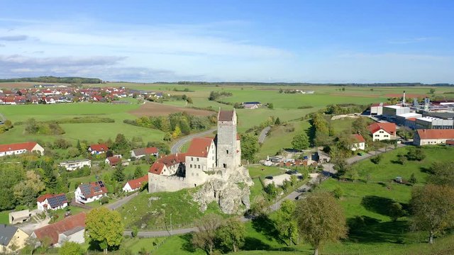 Aerial view, flight along Katzenstein Castle near Dischingen, Ostalb, Swabian Alb, Baden-Wuerttemberg, Germany
