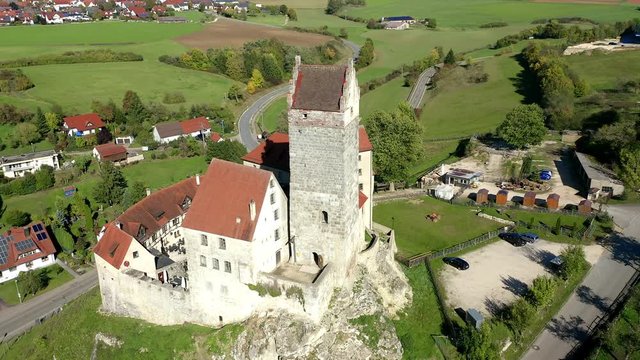 Aerial view, flight along Katzenstein Castle near Dischingen, Ostalb, Swabian Alb, Baden-Wuerttemberg, Germany