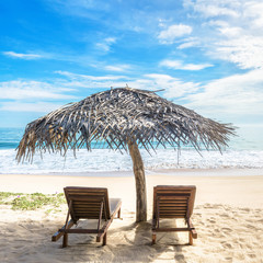 Beach beds with umbrella on tropical beach, Sri Lanka. Sunny view of beautiful sandy shore and ocean. Idyllic and romantic sea beach in summer. Concept of travel, vacation and relax in paradise.
