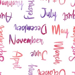 Seamless pattern with watercolor lettering of month names.