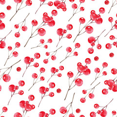 Tak met rode bessen op een witte achtergrond. Aquarel naadloze patroon. Goed voor nieuwjaar en kerstkaart, uitnodiging, inpakpapier, stof, behang.