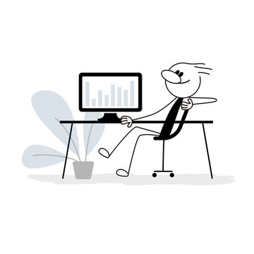 Stick man sitting at the table in the office, business concept cartoon vector illustration