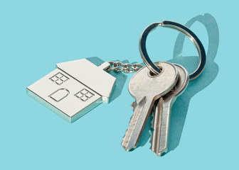 Keys with a house keychain on green background with hard shadows in the summer morning.