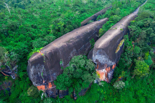 Aerial shot of three whales rock in Phu Sing Country park in Bungkarn, Thailand