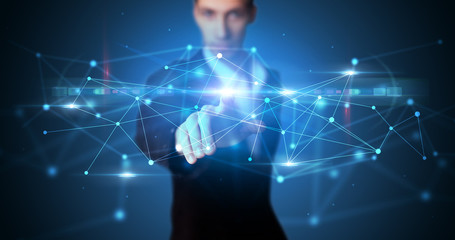 Man touching hologram screen displaying modern web system