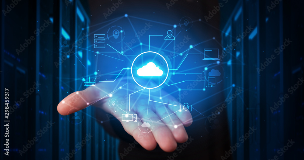 Poster man holding hologram projection displaying cloud technology symbols