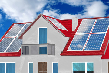 Fototapeta premium House with solar panels installed on a roof. 3D rendering