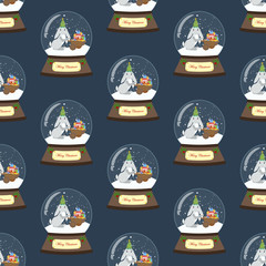 Rabbit in christmas costume in snowball seamless pattern