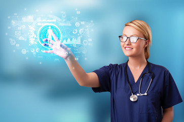 Doctor touching hologram screen displaying medical symbols and charts