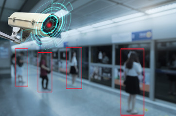 IOT CCTV, security indoor camera motion detection system operating with people waiting subway at train station, cctv solution management, surveillance security, safety intelligent technology concept - obrazy, fototapety, plakaty