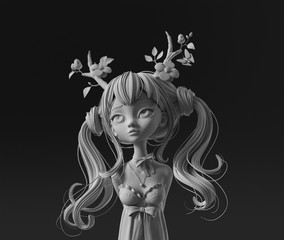 3d digital illustration of druid girl with two ponytails wearing floral antlers on dark background. Cartoon character long-haired young woman in dress. Beauty deer girl. Concept art forest princess.