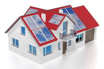 House with solar panels installed on a roof. 3D rendering