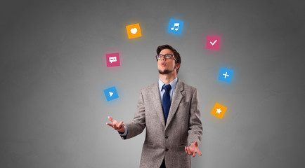 Young person juggle with application icons