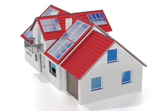 House with solar panels installed on a roof. 3D rendering