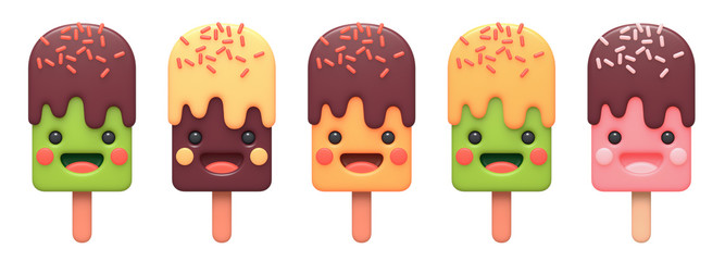 Collection of cute kawaii characters fruit ice cream with smiling face isolated on white background. 3d illustration of colorful tasty funny happy chocolate cartoon dessert on a stick with sprinkling.