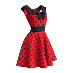 3d illustration of vintage red dress with black polka dots. Fashionable sleeveless retro cocktail dress. Summer pinup red dress with black bow and black belt. 3d rendering isolated on white background