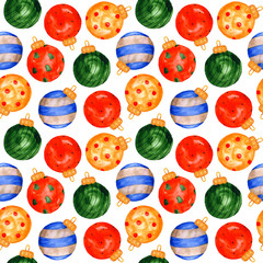 Watercolor seamless pattern with Christmas balls. Pattern with New Year Christmas toys on a white background