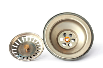 Stainless steel sink drain isolated on white background.