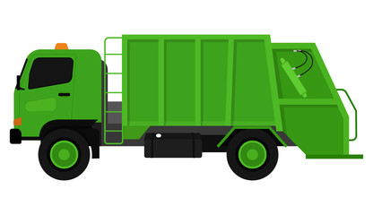 A green garbage truck on a white background.