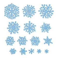 Fototapeta premium A set of doodle blue snowflakes.
