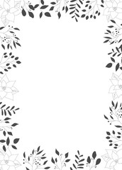 Frame with black hand drawn christmas new year winter doodle icons leaves berry holly jolly isolated. Vector illustration in outline style
