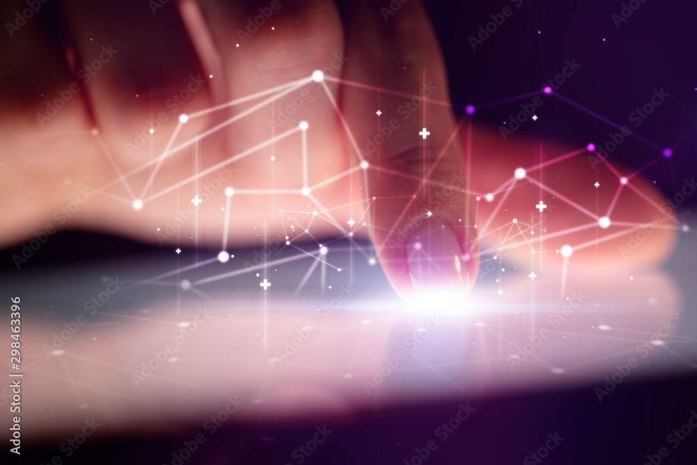 Poster Finger touching tablet with global network concept and dark background