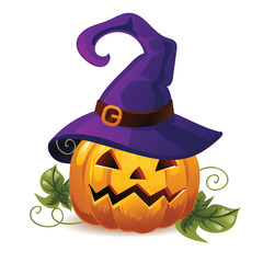 Halloween pumpkin in a witch hat. Cartoon style. Isolated illustration on a white background..