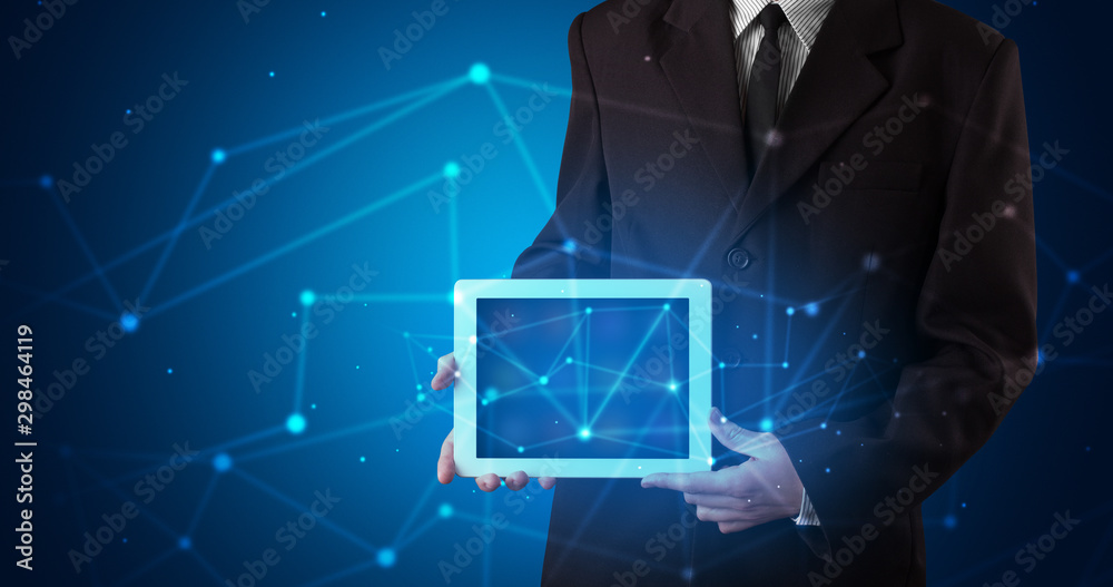 Poster formal hand in a dark space with virtual connection network concept