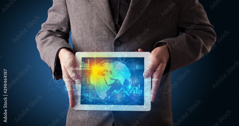 Poster hand holding tablet with global database concept