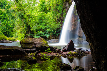 Haew Suwat Waterfall Khao Yai National Park, Nakhon Ratchasima, Thailand Waterfall view from the inside of the cave