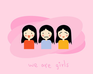 Three characters of cute girls on pink background for your design.