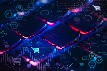 Close-up dark keyboard with erp system concept