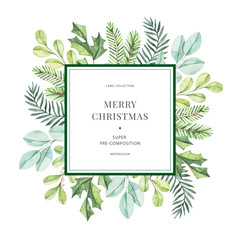 Winter watercolor label with greenery branches, eucalyptus, holly and fir-tree. Happy new year and Merry christmas card. Perfect for greeting cards, wedding invitations, banners, posters