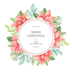 Winter watercolor label with greenery branches, eucalyptus and poinsettia. Happy new year and Merry christmas card. Perfect for greeting cards, wedding invitations, banners, posters