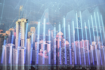 Fototapeta na wymiar Forex graph on city view with skyscrapers background multi exposure. Financial analysis concept.