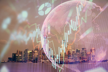 Forex chart on cityscape with tall buildings background multi exposure. Financial research concept.